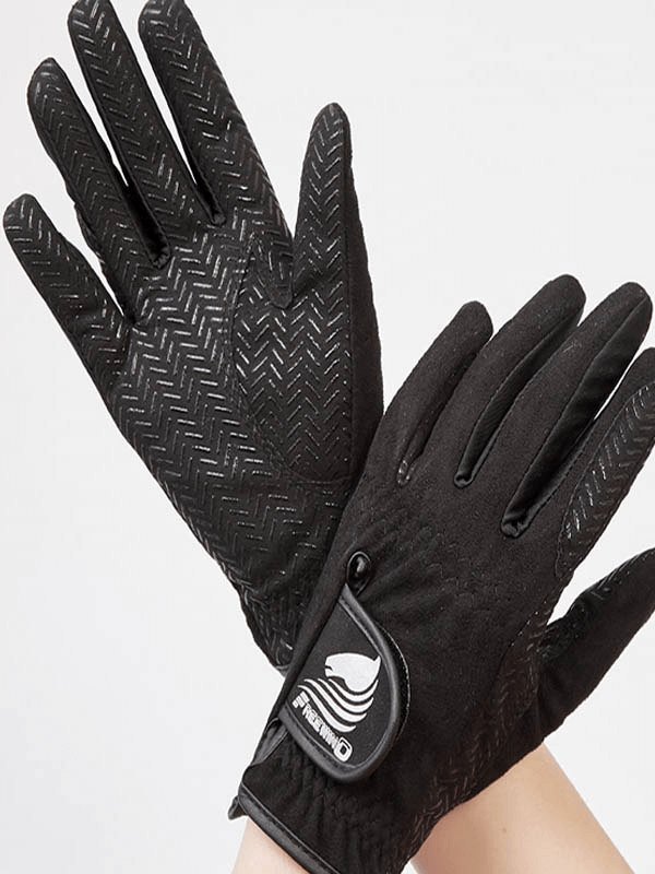 Black silicone non-slip equestrian gloves with Velcro, showcasing the secure grip and breathable design. Perfect for riding.